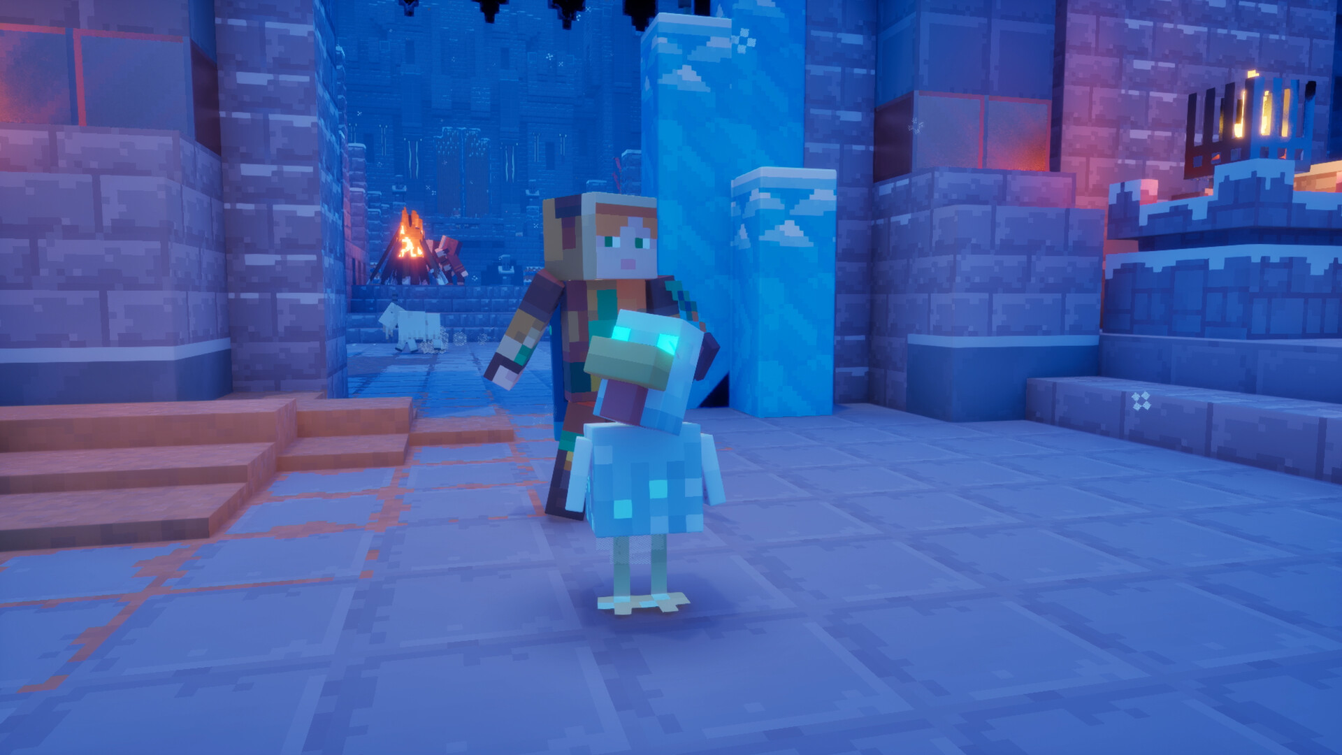 Held mit leuchtäugigem Hühner-Haustier vor einer eisigen Festung bei Nacht in Minecraft Dungeons II