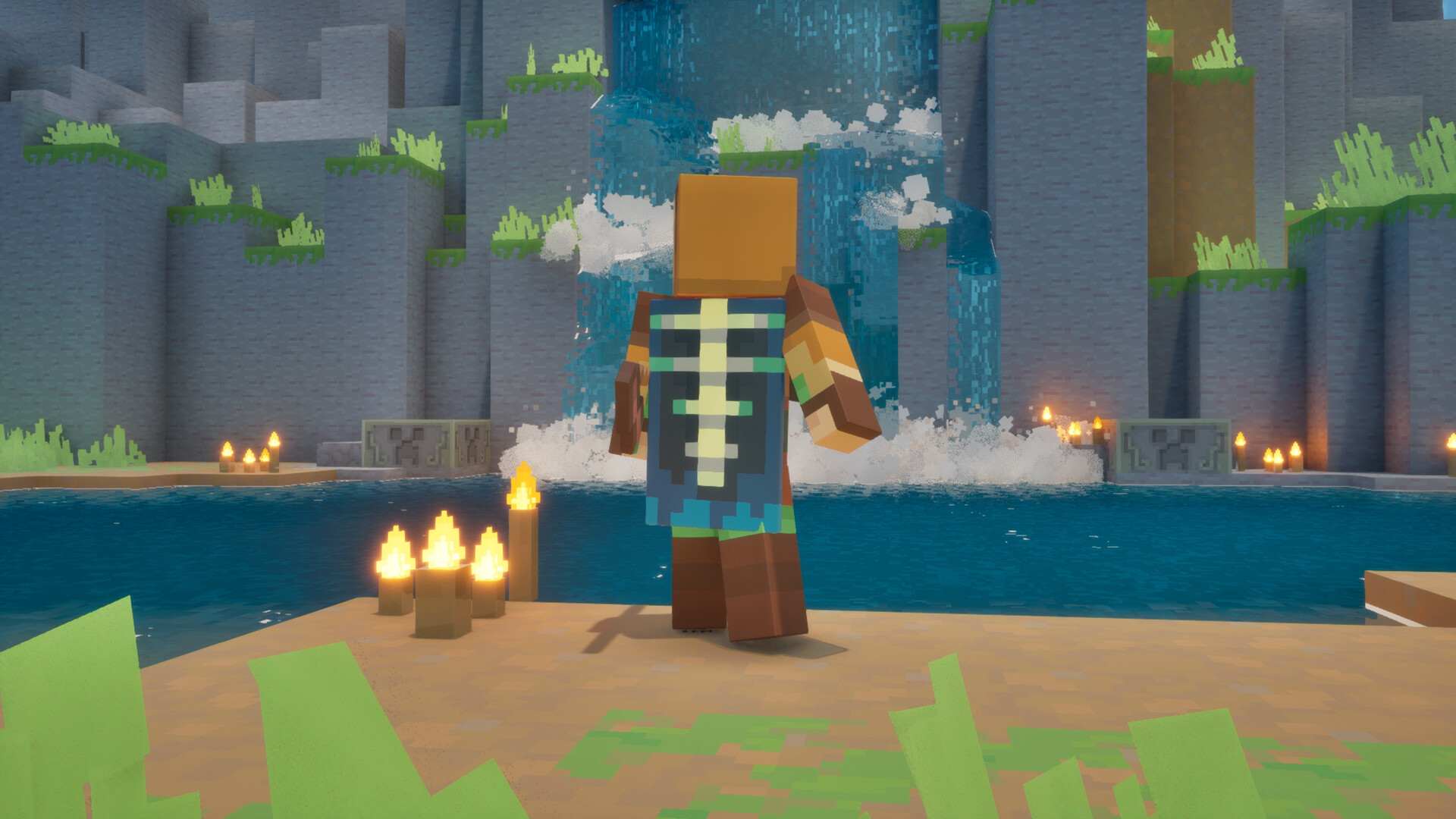 Ein Held blickt von einem Aussichtspunkt auf einen Wasserfall-See in Minecraft Dungeons II